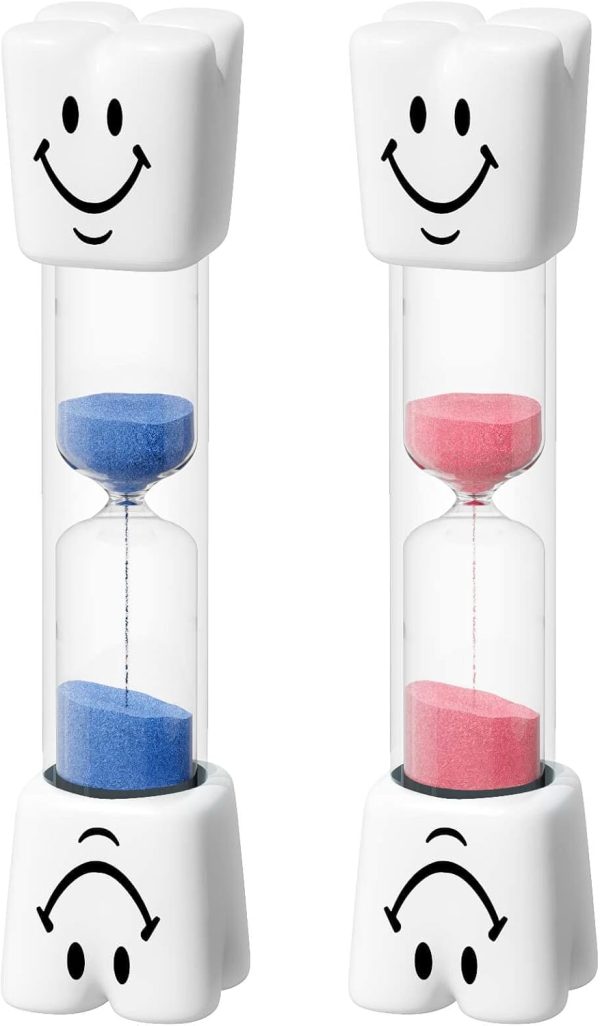 2 Minute Toothbrush Sand Timer for Kids, Small Blue and Pink Smiley Acrylic Hourglass Sand Clock Set, Plastic Glass Mini Sandglass for Classroom Games Kitchen (Pack of 2)